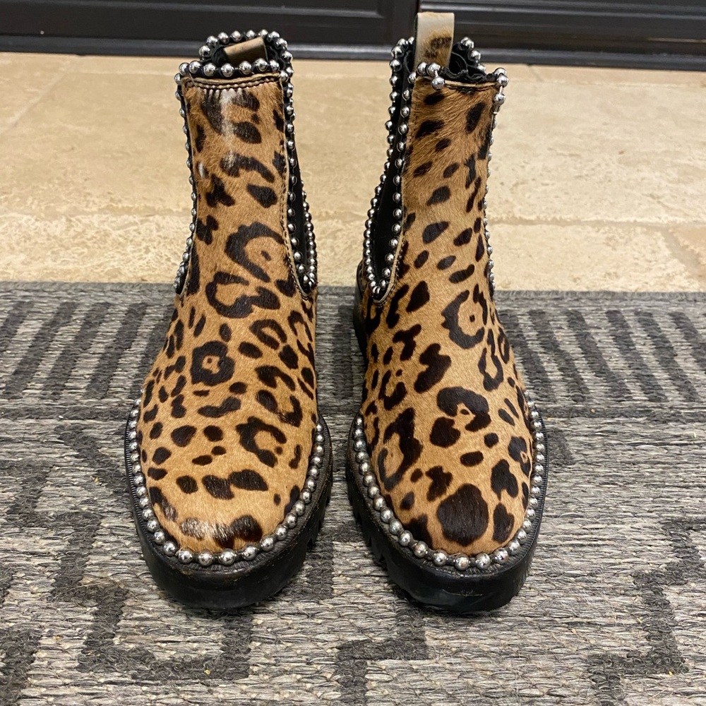 Alexander Wang Tan Leopard Ankle Boots with Silver Accents